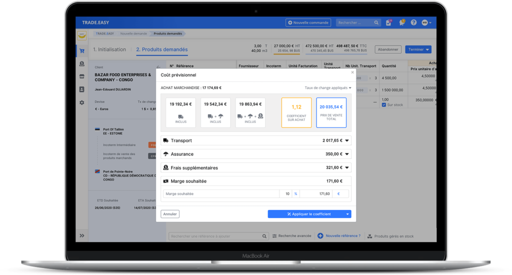 La calculette vous aide à évaluer votre prix de vente en intégrant les coûts prévisionnels comme le coût du transport de marchandises